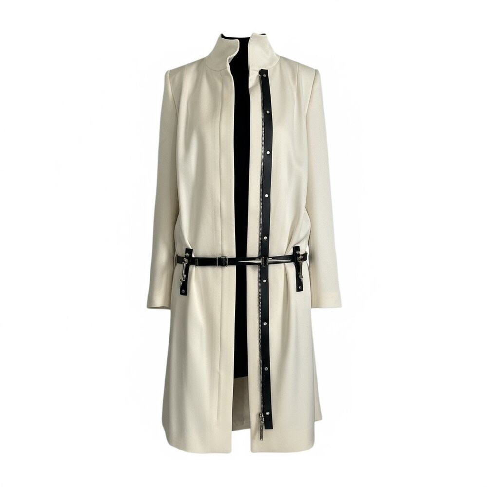 Anthony Vaccarello Hardcore Spike White Midi Coat size FR 36 Black Leather Belt